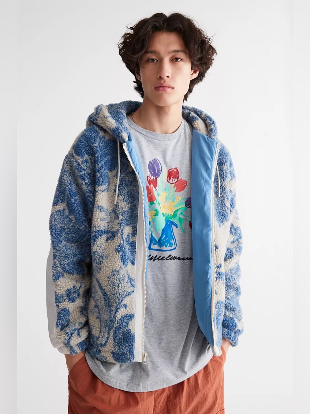 Urban Outfitters Patterned Fleece Hooded Jacket Blue